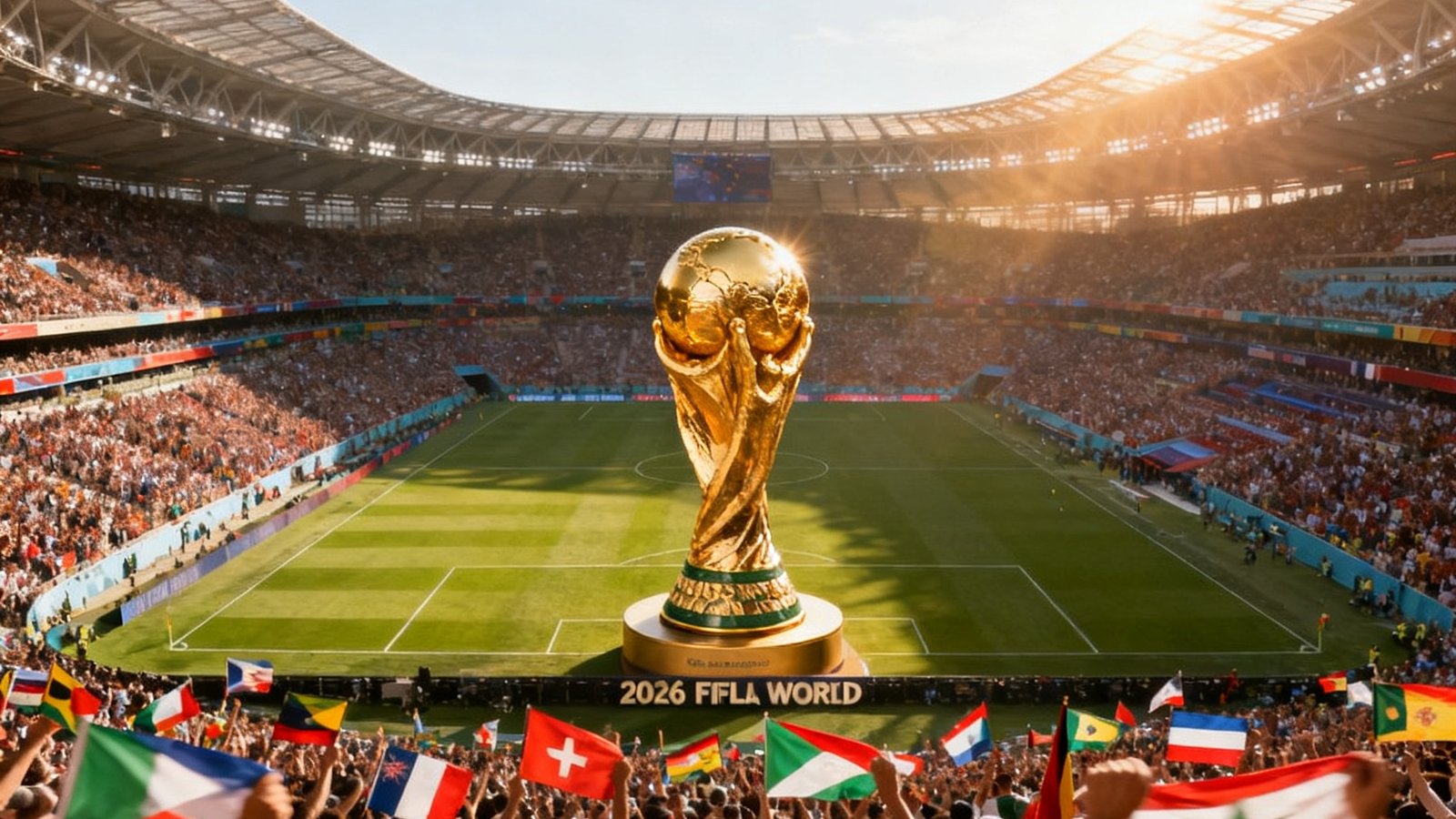 2026国际足联世界杯球场全景，数万名球迷挥舞旗帜，球场中央放置着大力神杯模型